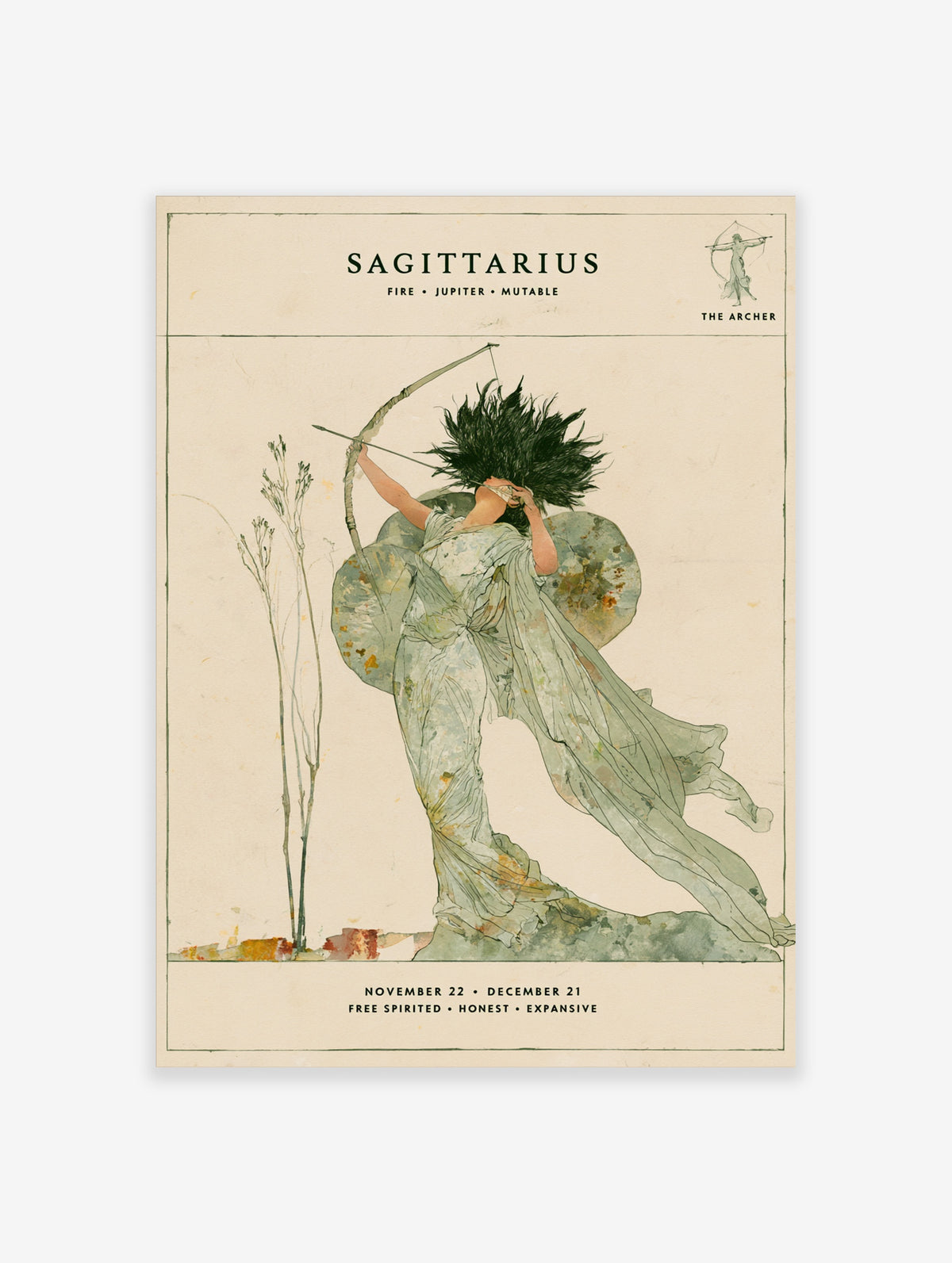 Sagittarius archer watercolour poster with green robed figure drawing a bow and zodiac text