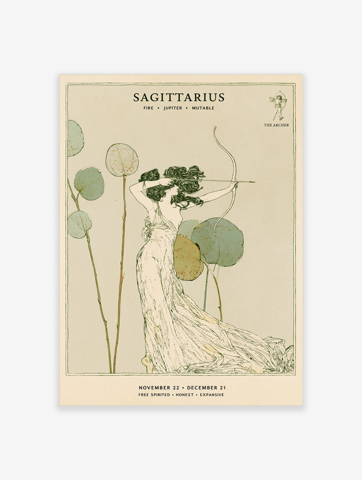 Sagittarius zodiac poster with female archer drawing a bow, green foliage, and astrology text