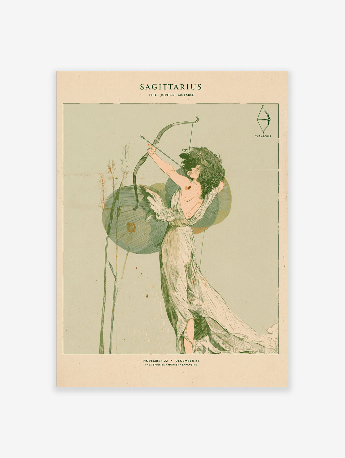 Sagittarius zodiac poster with curly-haired archer drawing a bow, green and beige tones, tall grass and circular motifs