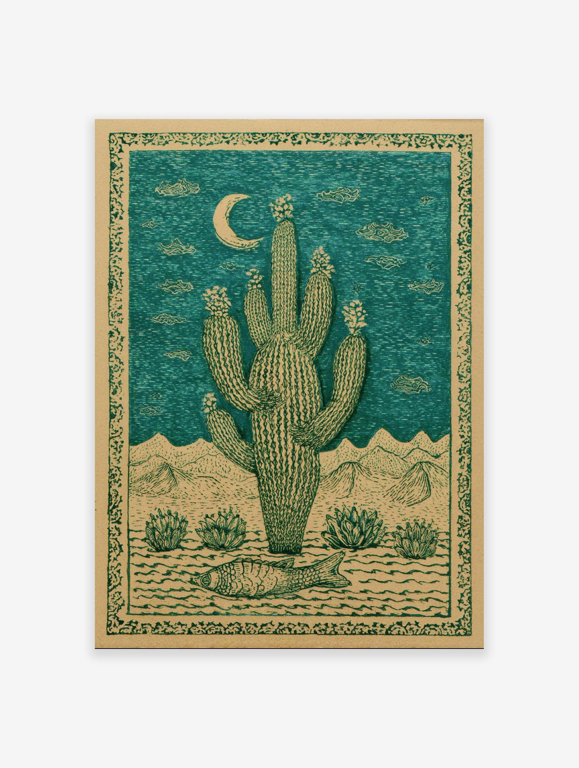 Saguaro cactus desert poster with a crescent moon, mountains, desert plants, and a fish on the ground, in green and beige.