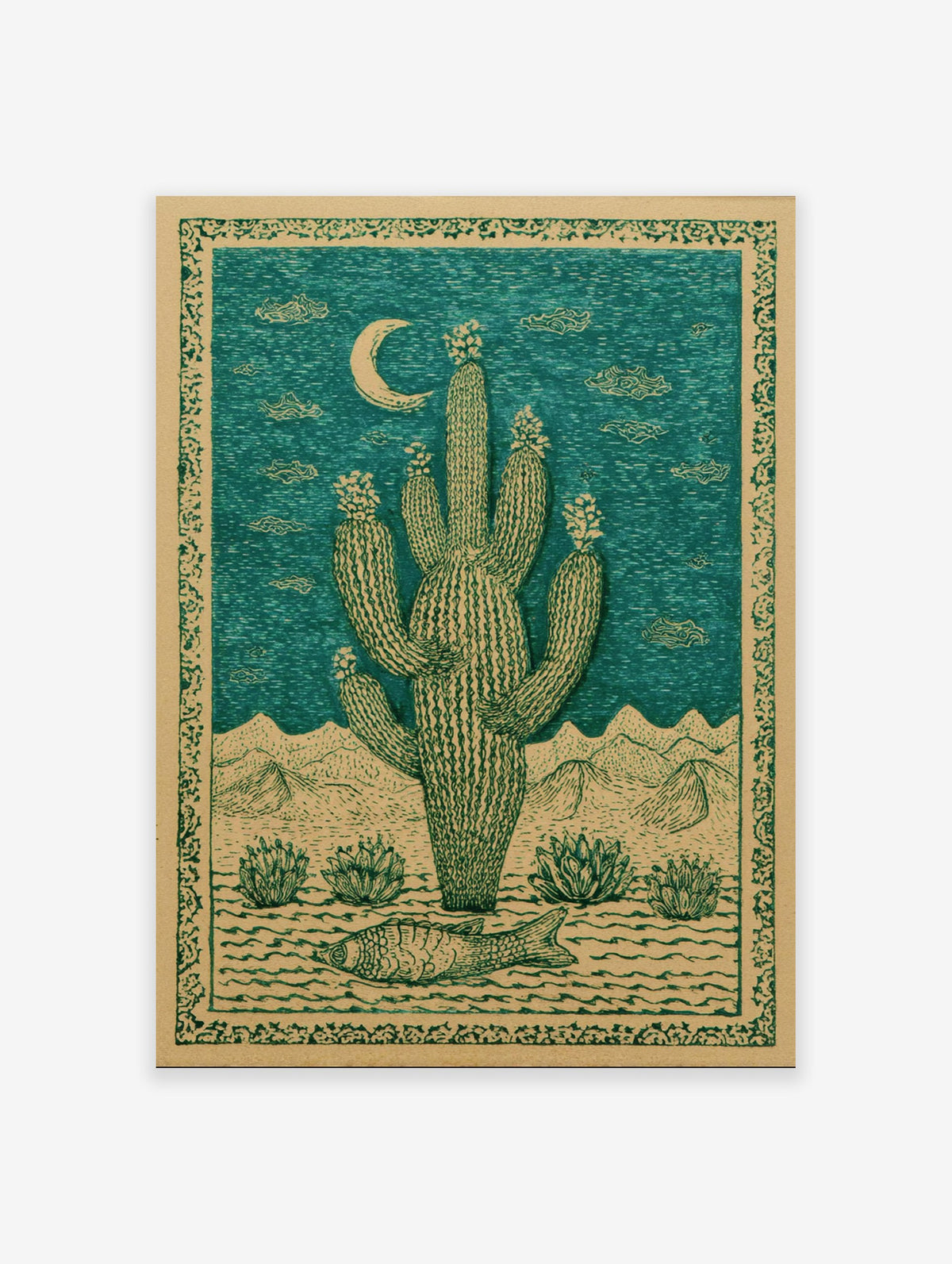Saguaro cactus desert poster with a crescent moon, mountains, desert plants, and a fish on the ground, in green and beige.