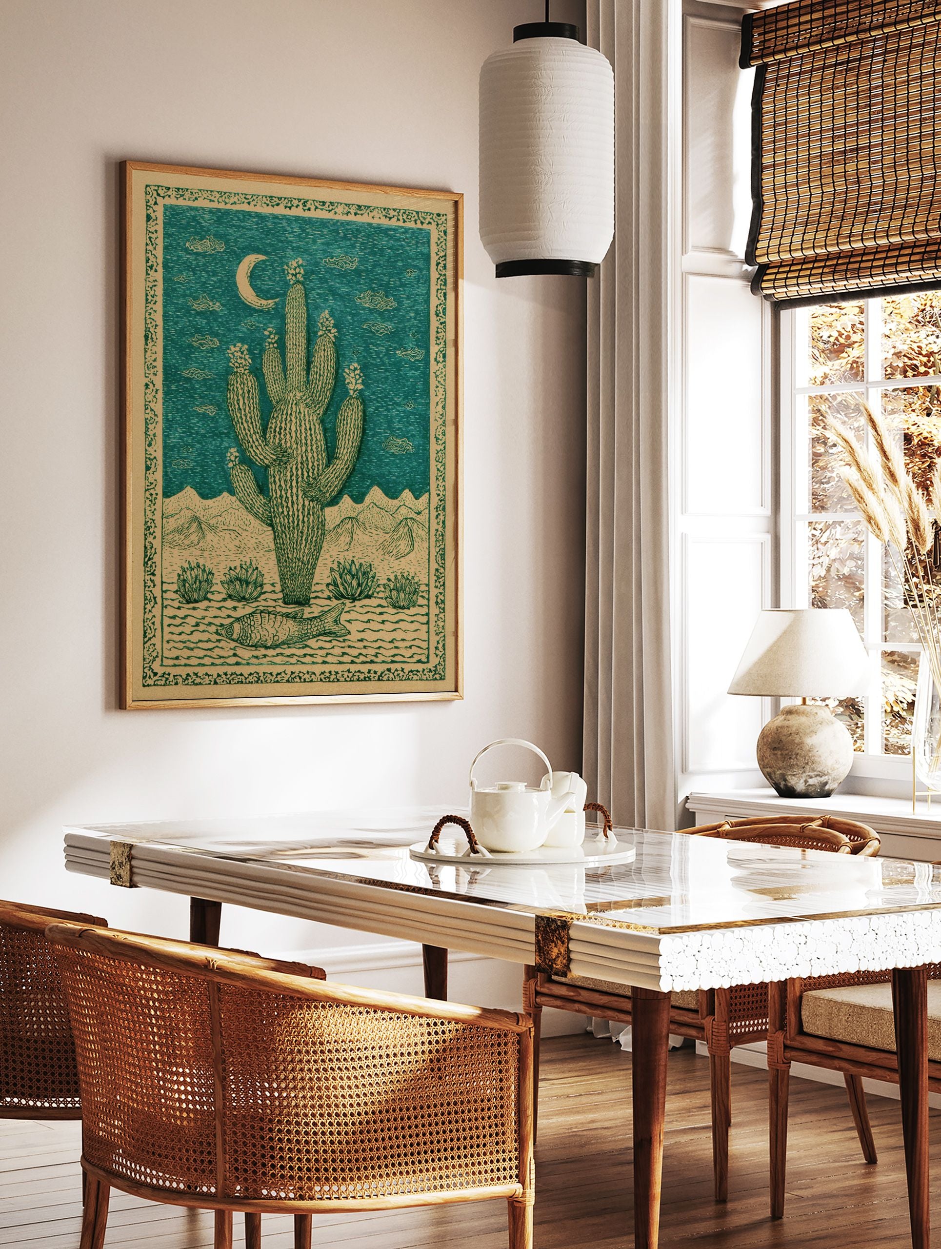 Saguaro cactus desert poster with a crescent moon, mountains, desert plants, and a fish on the ground, in green and beige. - Image 2