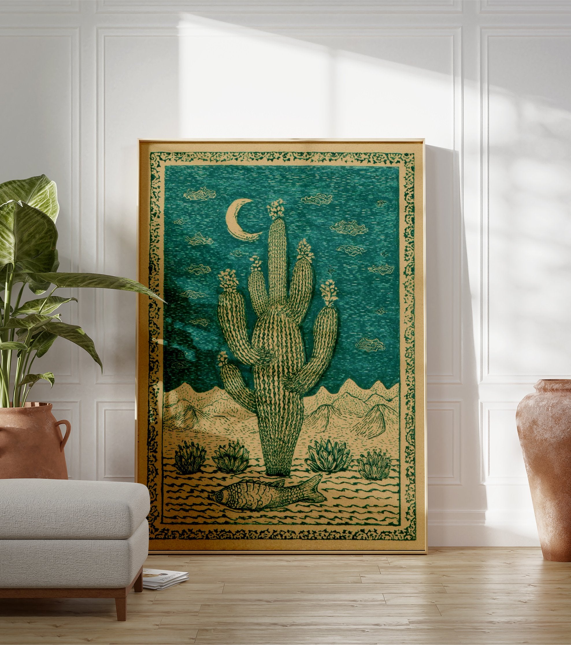 Saguaro cactus desert poster with a crescent moon, mountains, desert plants, and a fish on the ground, in green and beige. - Image 3