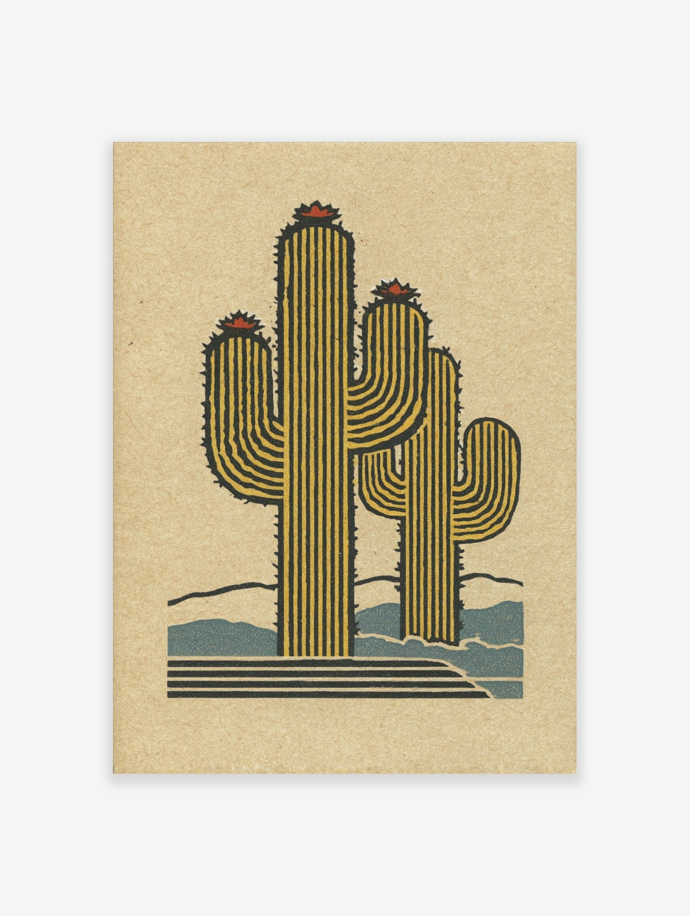 Saguaro cactus print with yellow and black stripes, red flowers, beige background, blue hills, black lines