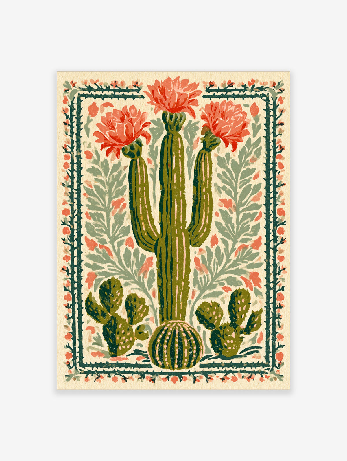 Saguaro cactus art print with red flowers and spiky border on cream background