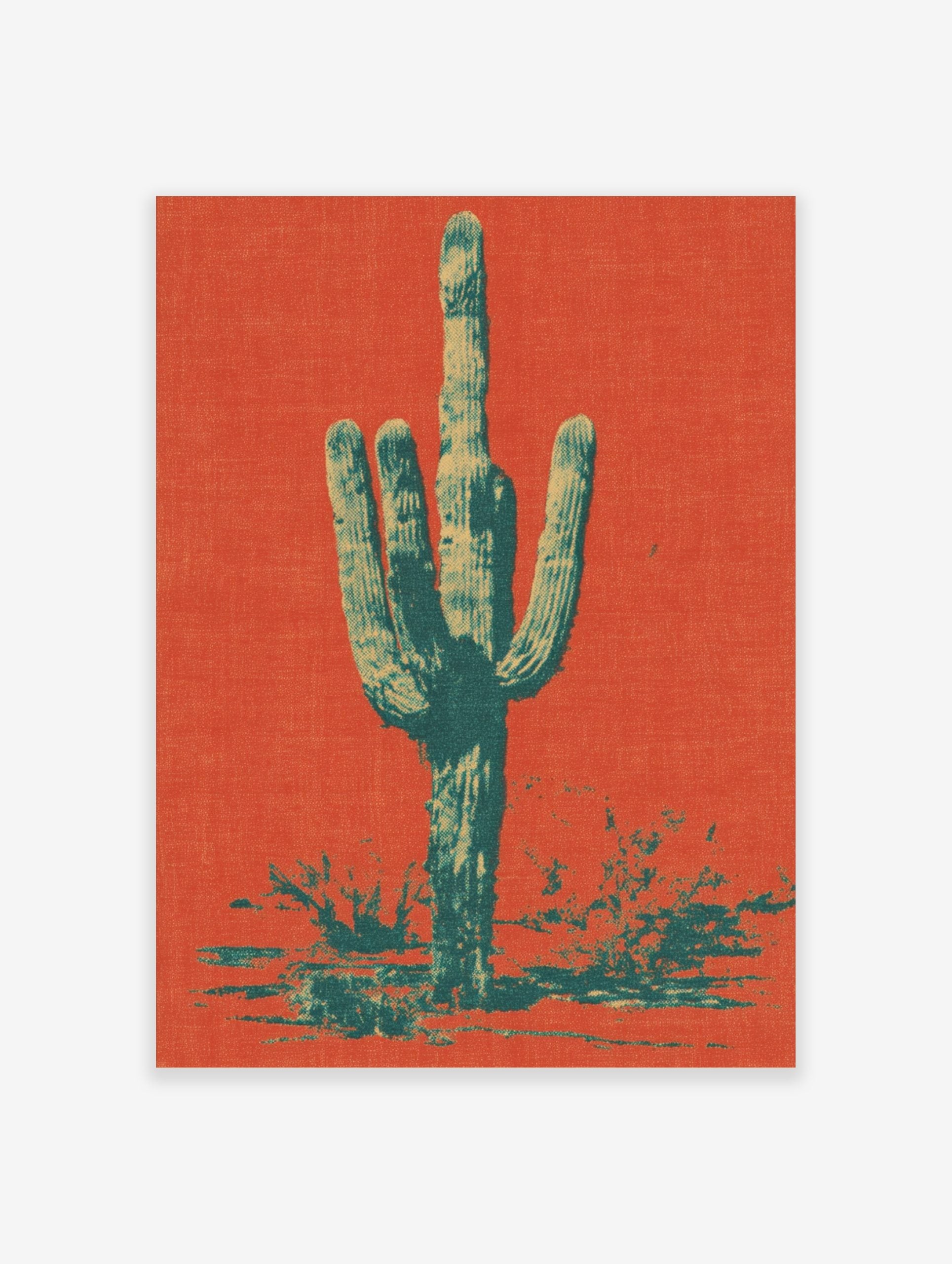 Saguaro cactus art print in orange-red and teal halftone style, with desert foliage at the base