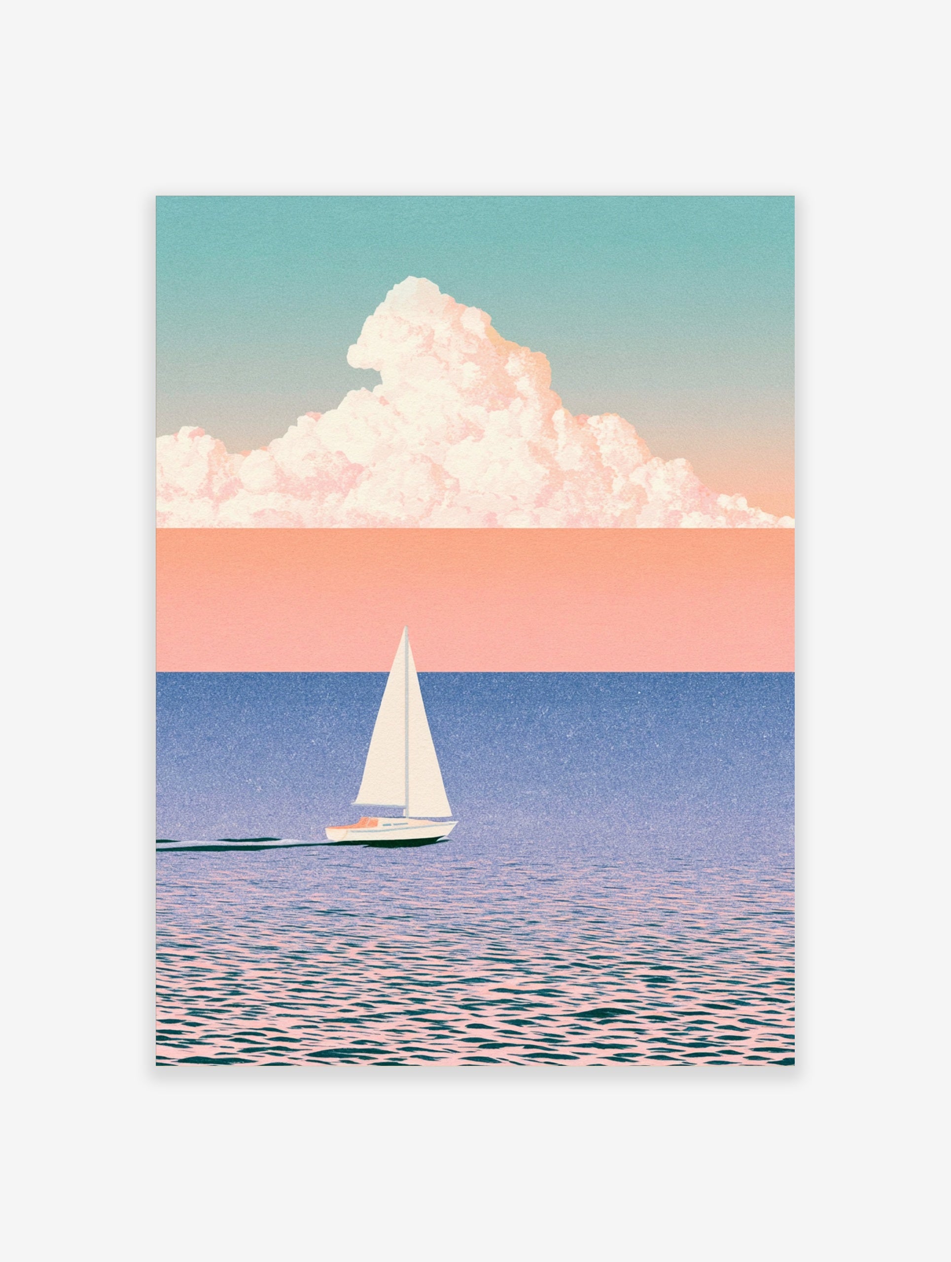 Minimalist sailboat wall art with soft pastel sky, blue water, and large cloud illustration on satin paper