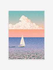 Minimalist sailboat wall art with soft pastel sky, blue water, and large cloud illustration on satin paper