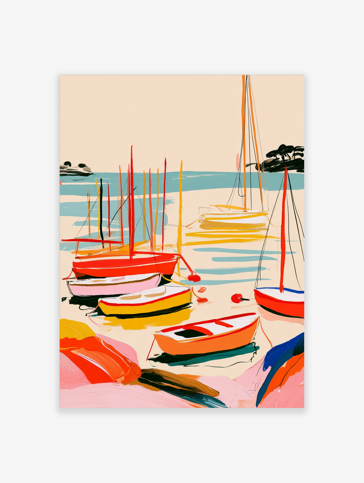 Abstract sailboat harbour wall art with vibrant red, orange, and yellow boats on blue water, illustrative style