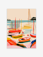 Abstract sailboat harbour wall art with vibrant red, orange, and yellow boats on blue water, illustrative style