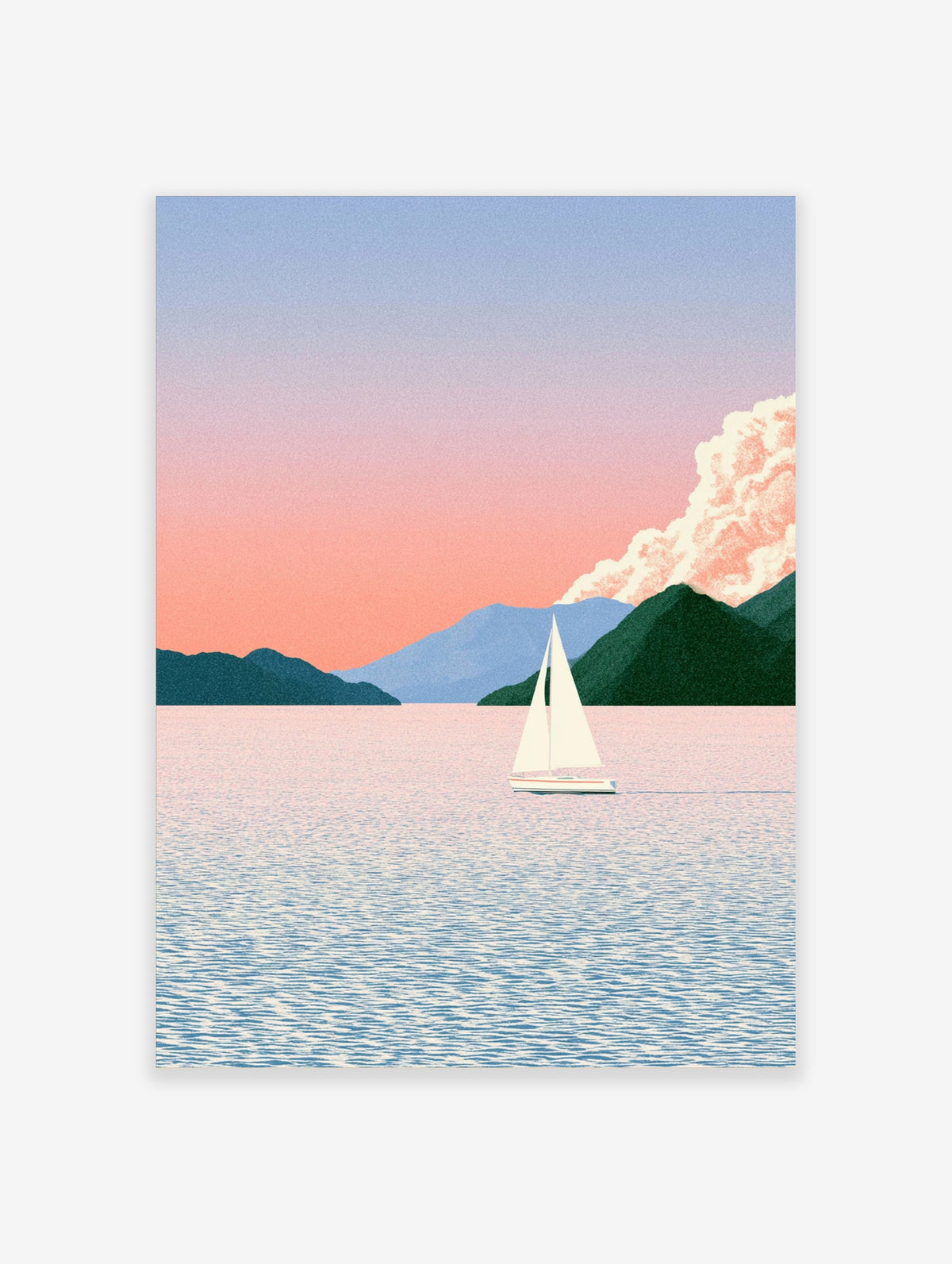 Minimalist sailboat on calm water with mountain background in pastel pink and green tones, illustrative wall art print
