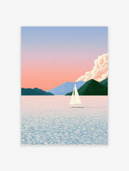 Minimalist sailboat on calm water with mountain background in pastel pink and green tones, illustrative wall art print