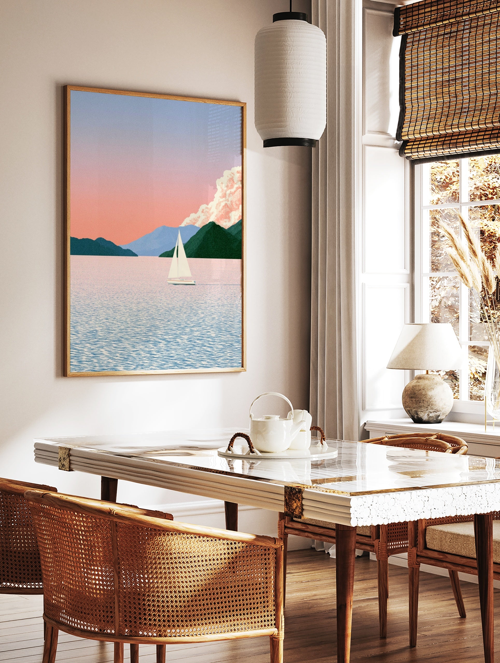 Minimalist sailboat on calm water with mountain background in pastel pink and green tones, in a styled room mockup