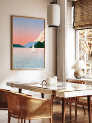 Minimalist sailboat on calm water with mountain background in pastel pink and green tones, in a styled room mockup
