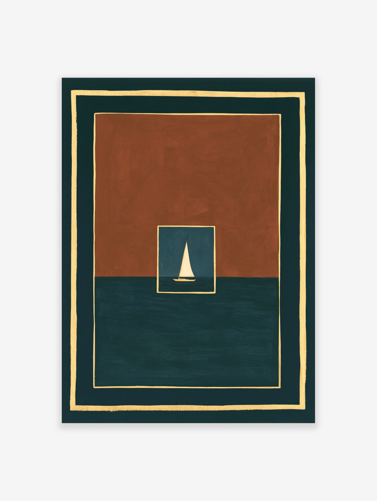 Minimalist art print of a white sailboat on dark water within a rust and teal geometric frame