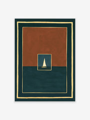 Minimalist art print of a white sailboat on dark water within a rust and teal geometric frame