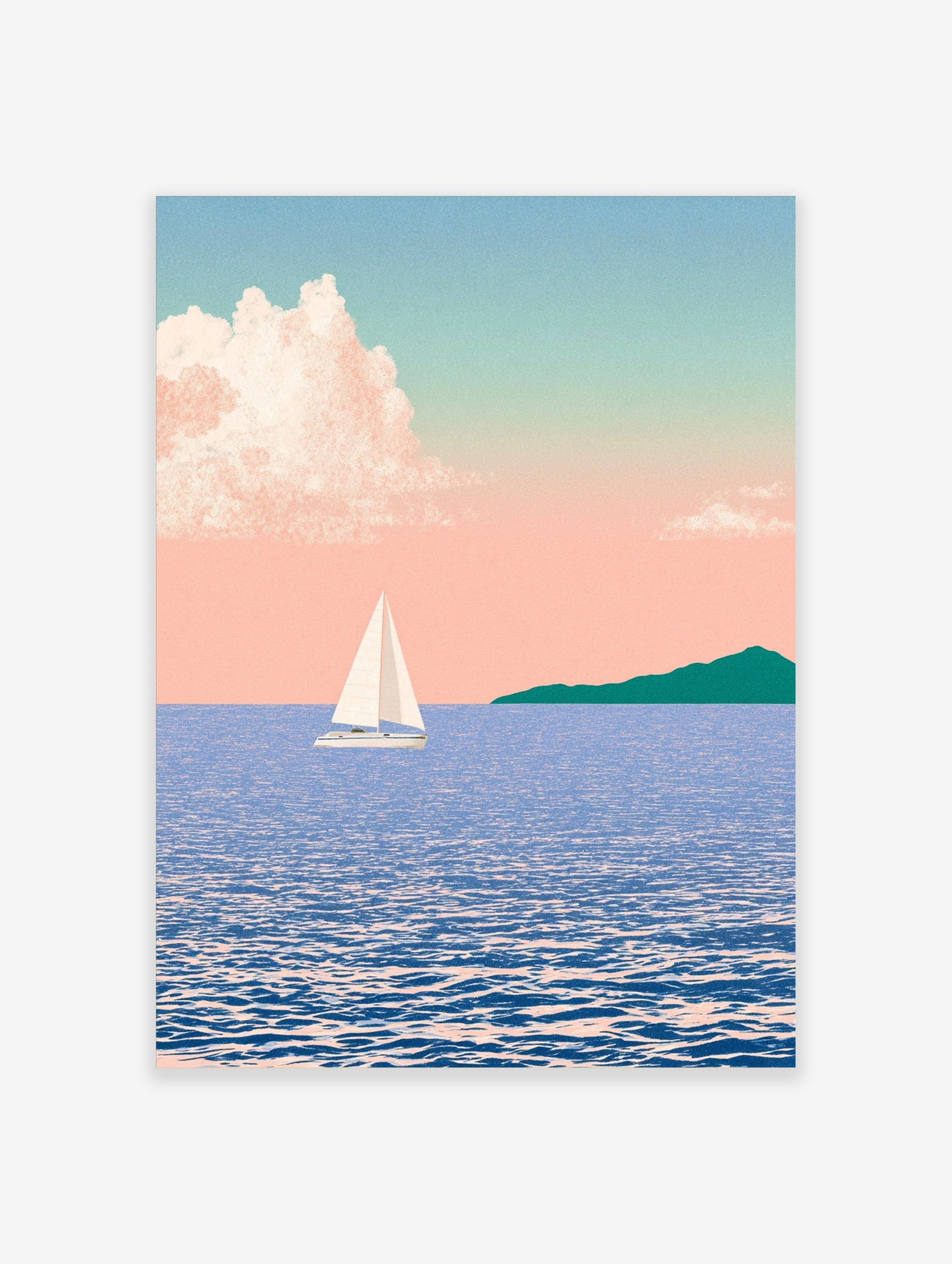 Illustration of a sailboat on blue water with a distant green headland under a soft pink pastel sky