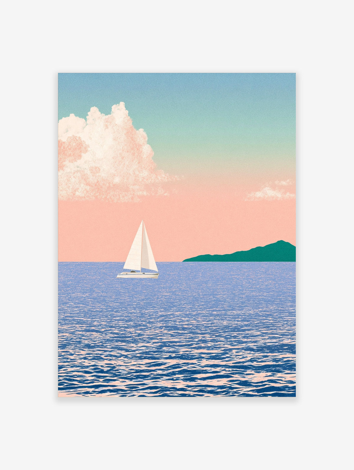 Illustration of a sailboat on blue water with a distant green headland under a soft pink pastel sky