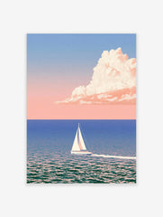 Minimalist sailboat art print on calm blue sea with pastel pink cloud in the sky