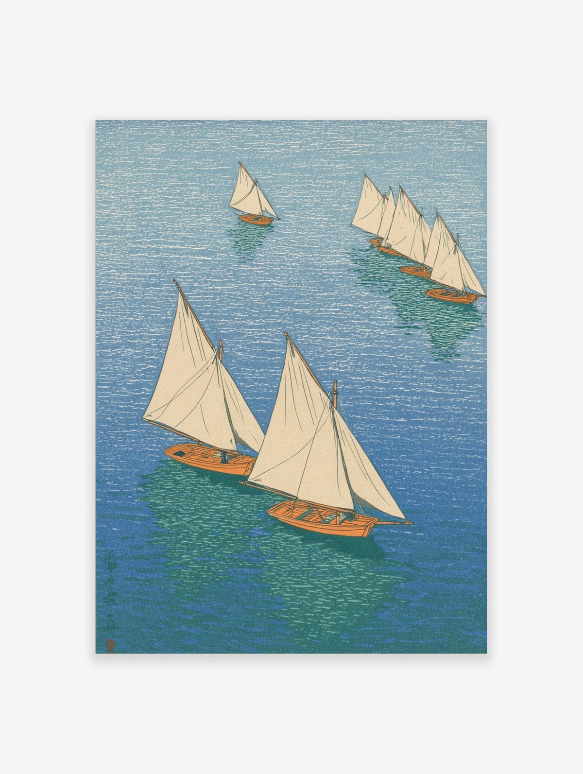Overhead view of multiple sailboats with white sails and orange hulls on blue and green water, in a woodblock print style