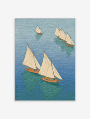Overhead view of multiple sailboats with white sails and orange hulls on blue and green water, in a woodblock print style