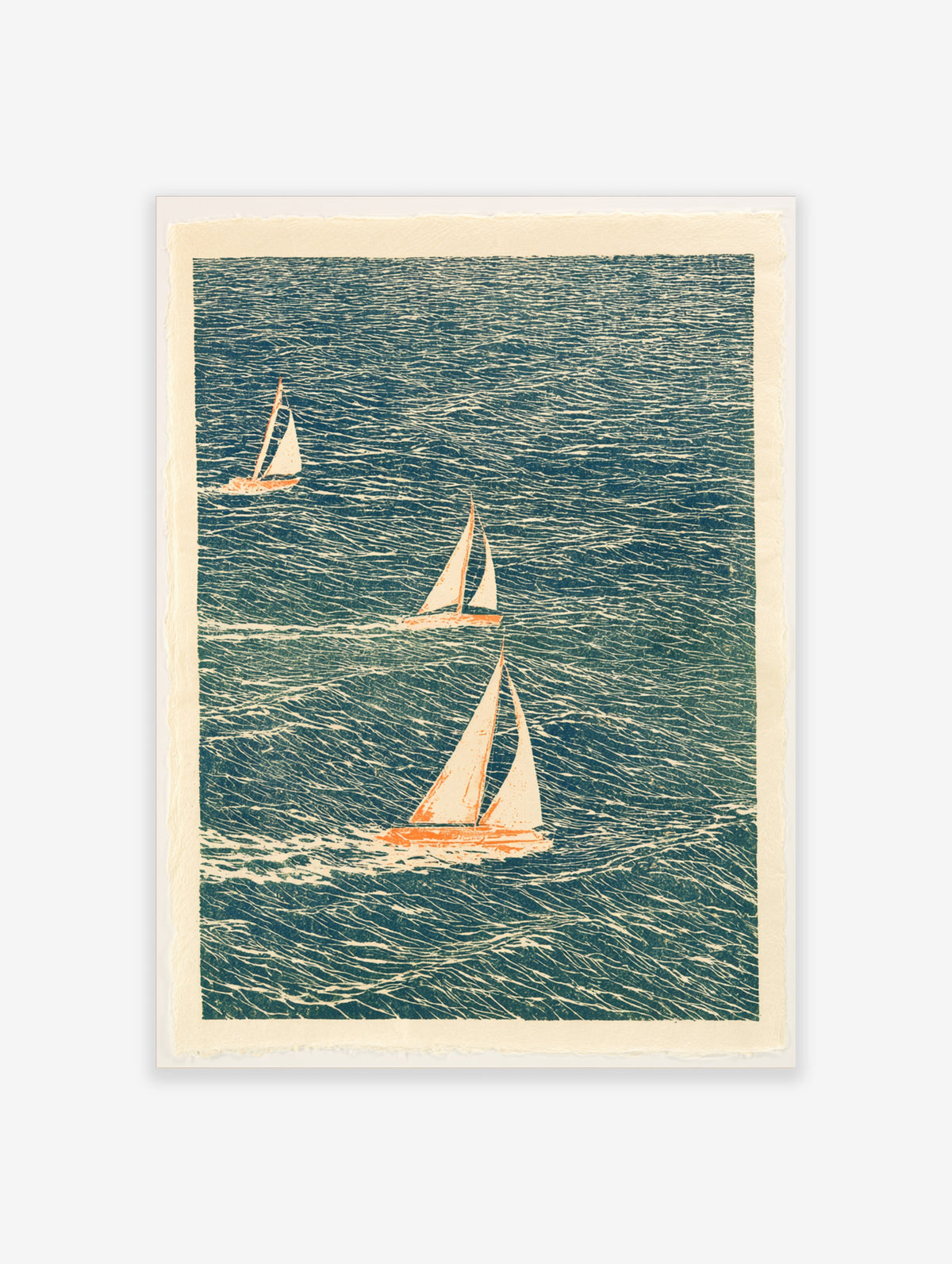 Illustrative sailboat wall art with three boats on a textured blue sea, cream sails, nautical print on satin paper