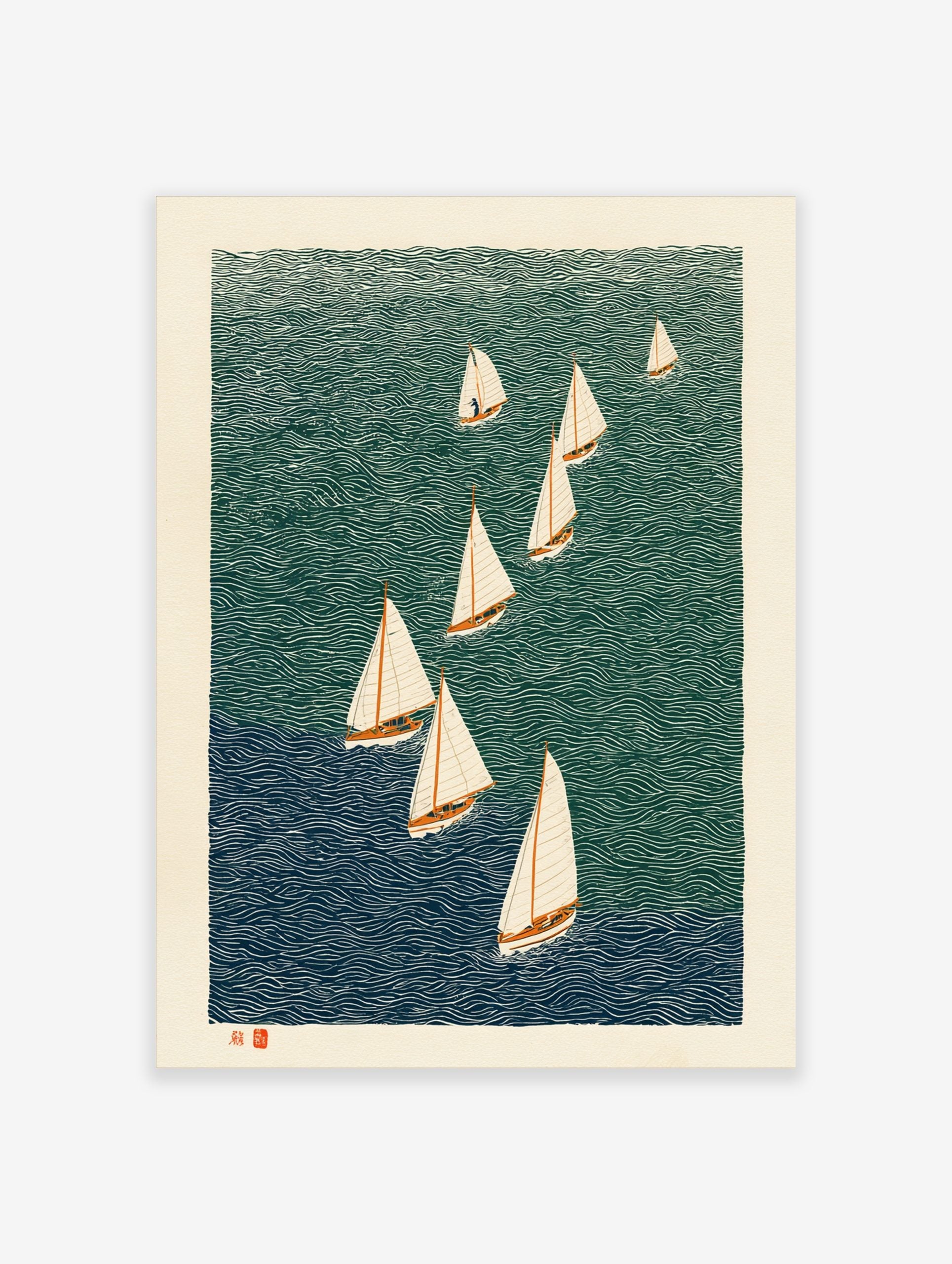 Illustrative woodcut print of nine sailboats with white sails on wavy teal and blue water