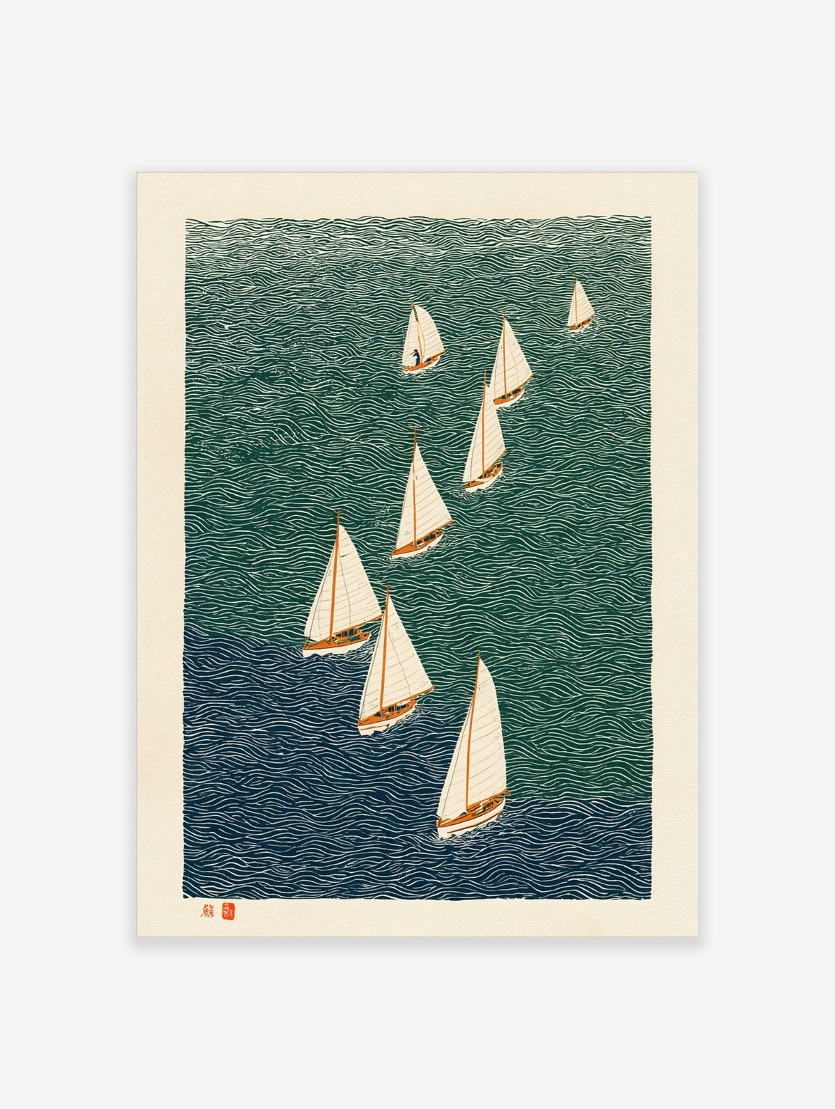 Illustrative woodcut print of nine sailboats with white sails on wavy teal and blue water