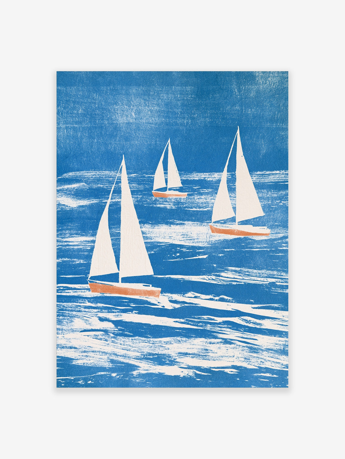 Three sailboats with white sails and coral hulls on a textured blue sea, illustrative nautical wall art print