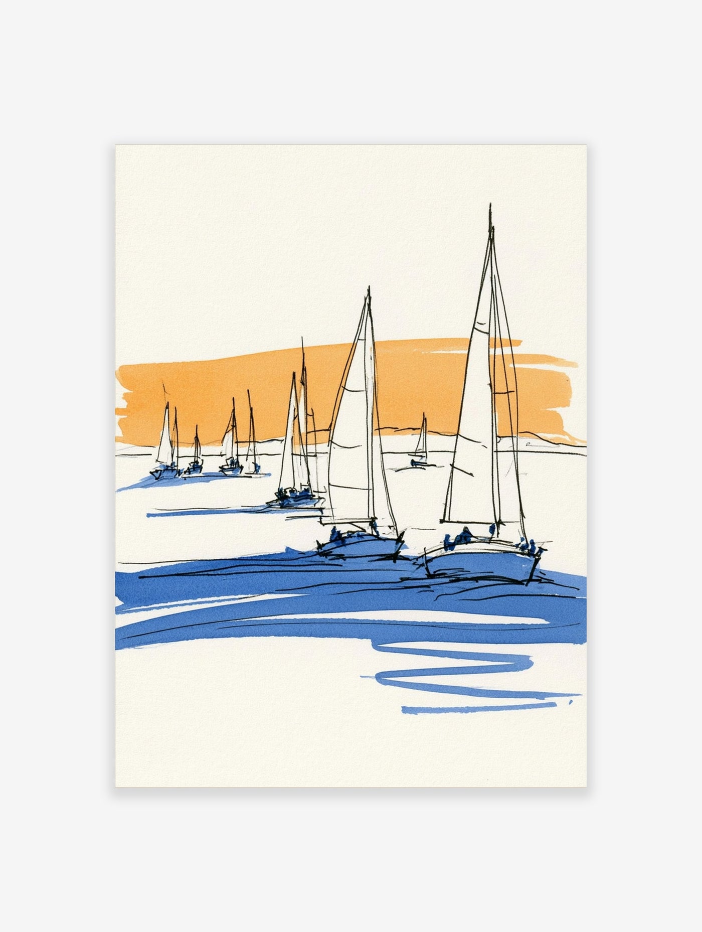 Minimalist sailboat sketch wall art with blue water and orange horizon on white background