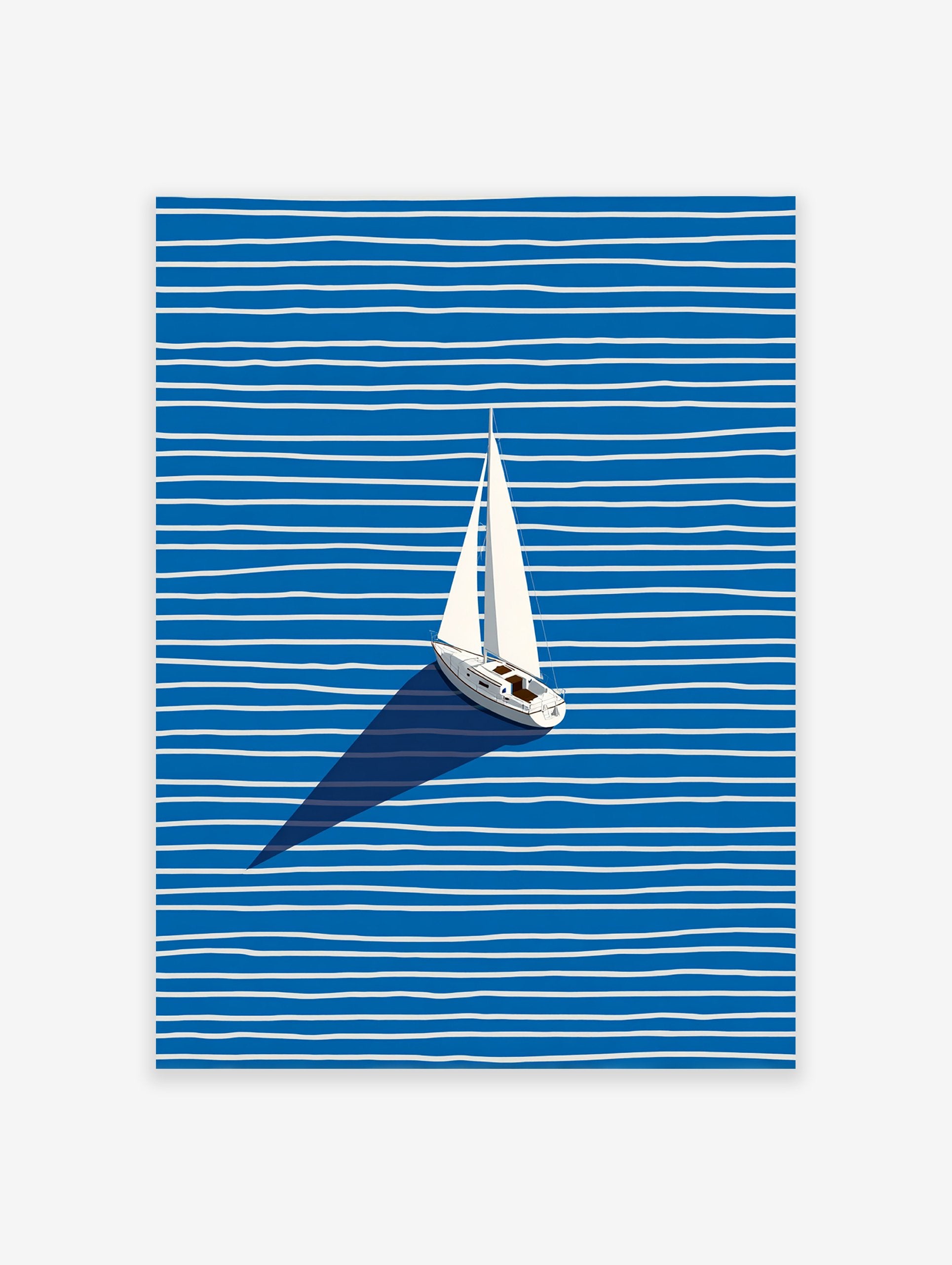 Minimalist sailboat wall art print on blue and white striped water with a dark shadow.