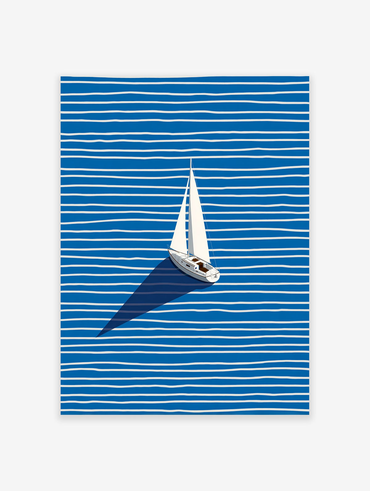 Minimalist sailboat wall art print on blue and white striped water with a dark shadow.