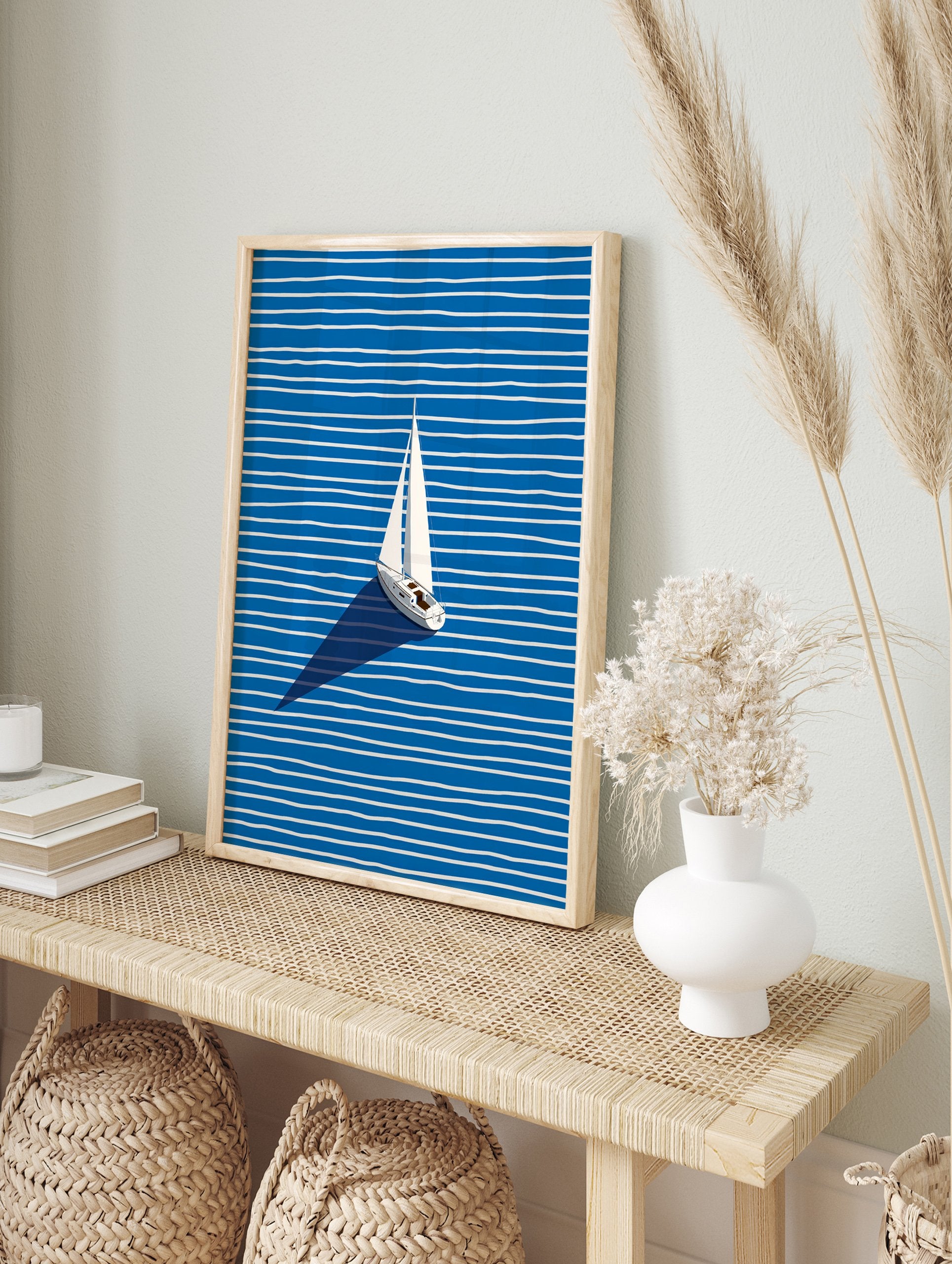 Minimalist sailboat wall art print on blue and white striped water with a dark shadow. - Image 3