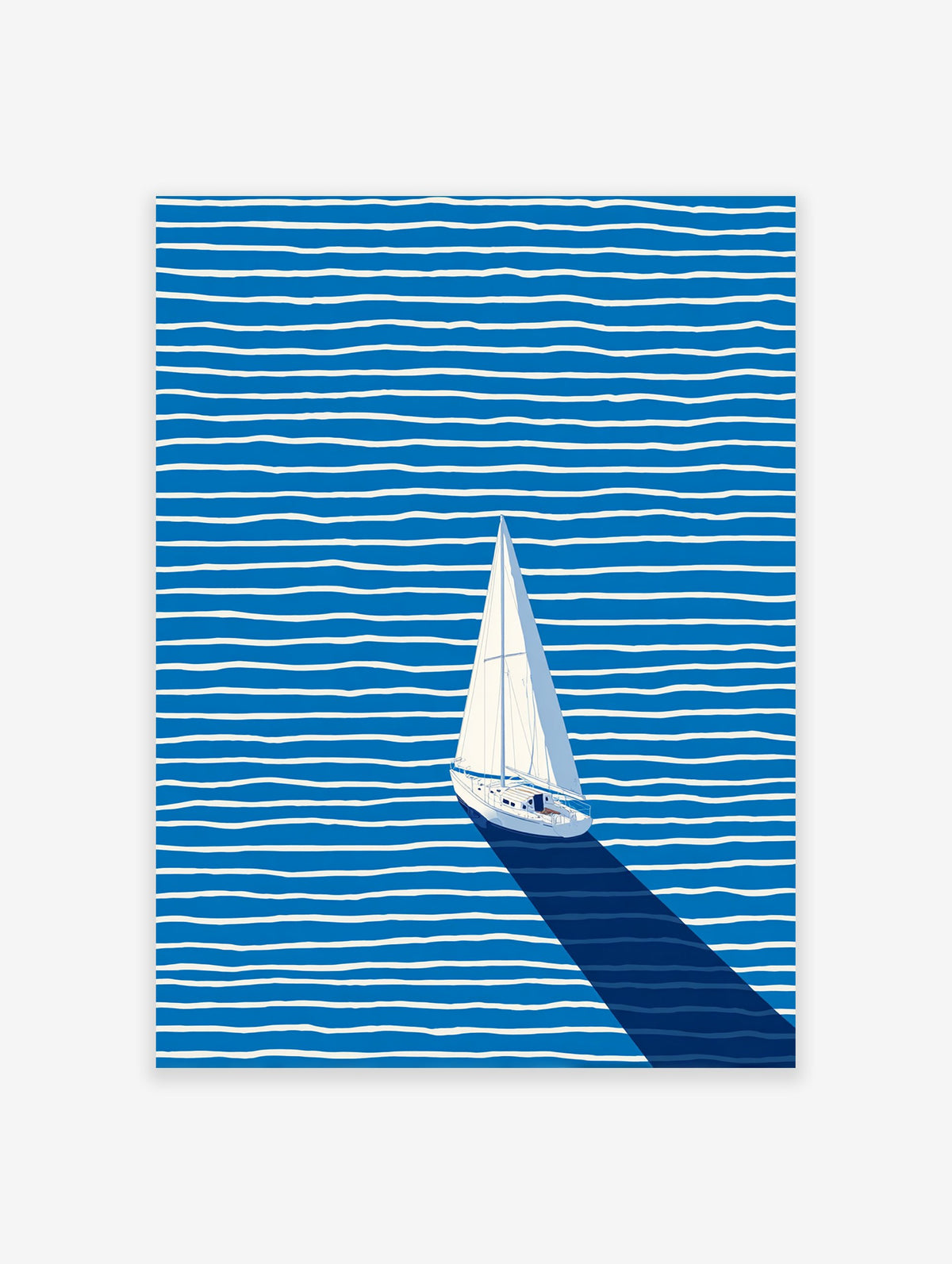 Minimalist sailboat wall art on a blue ocean with white wavy stripes and a long dark shadow, viewed from above.