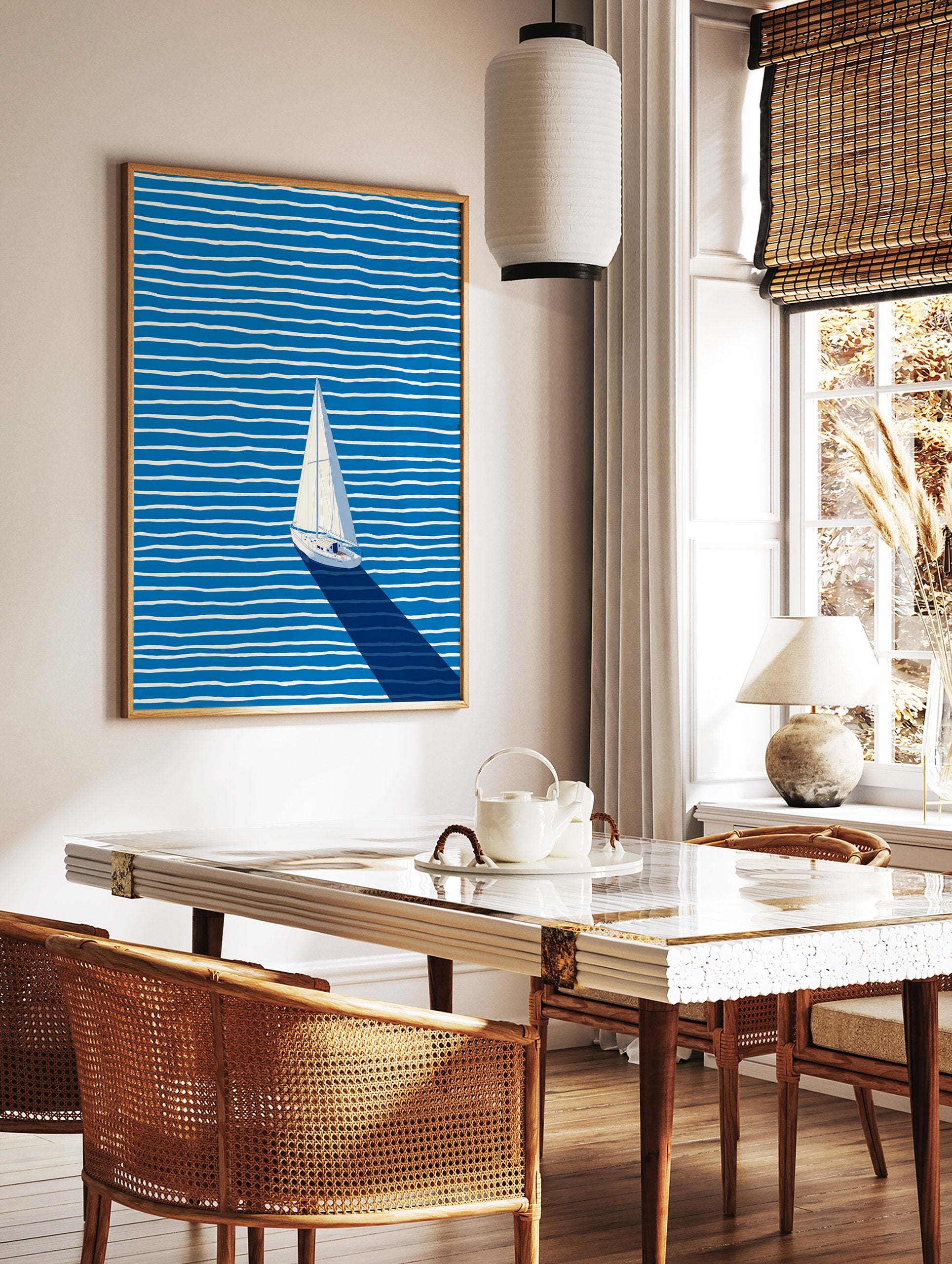 Minimalist sailboat wall art on a blue ocean with white wavy stripes and a long dark shadow, viewed from above. - Image 2