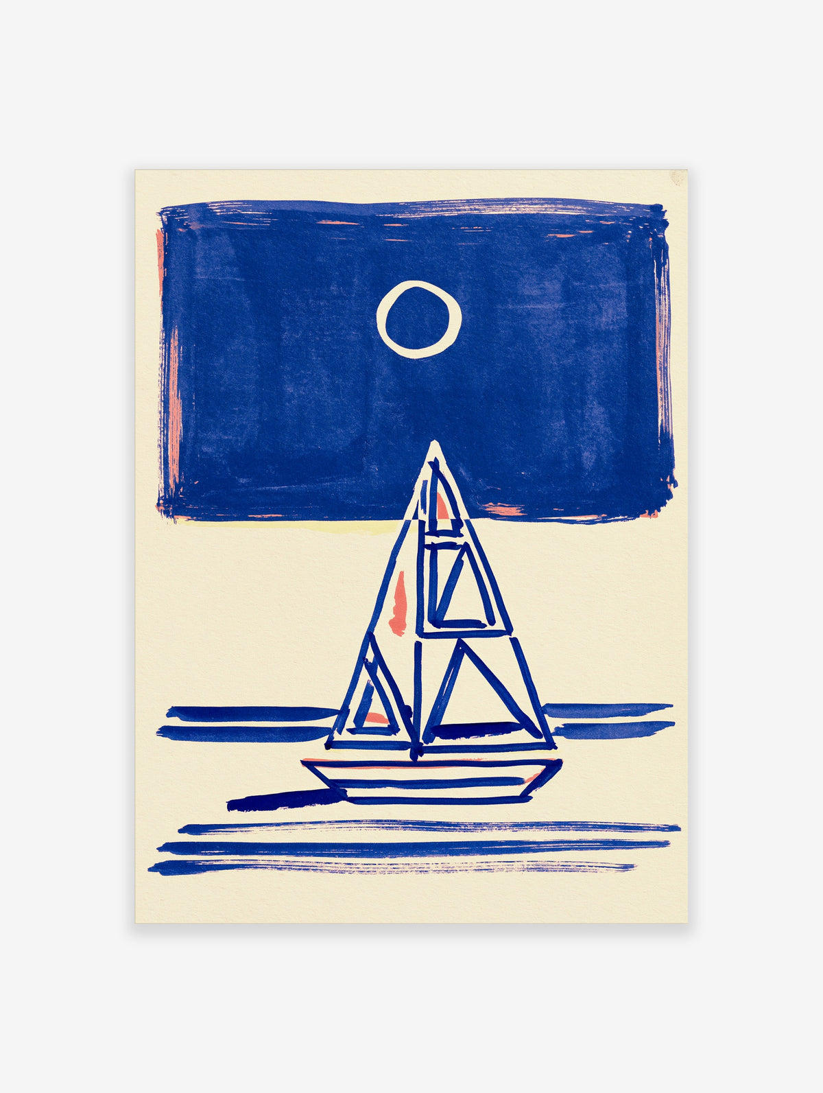 Blue sailboat with geometric sails and white moon on cream background, stylized waves, modern nautical art print