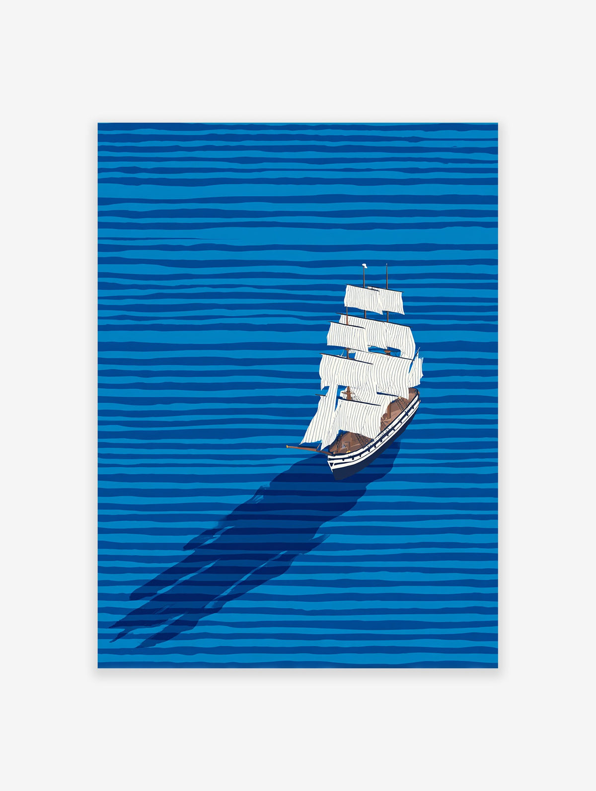 Illustrative sailboat wall art on a blue ocean with horizontal waves and a long shadow, featuring a white boat with brown accents.