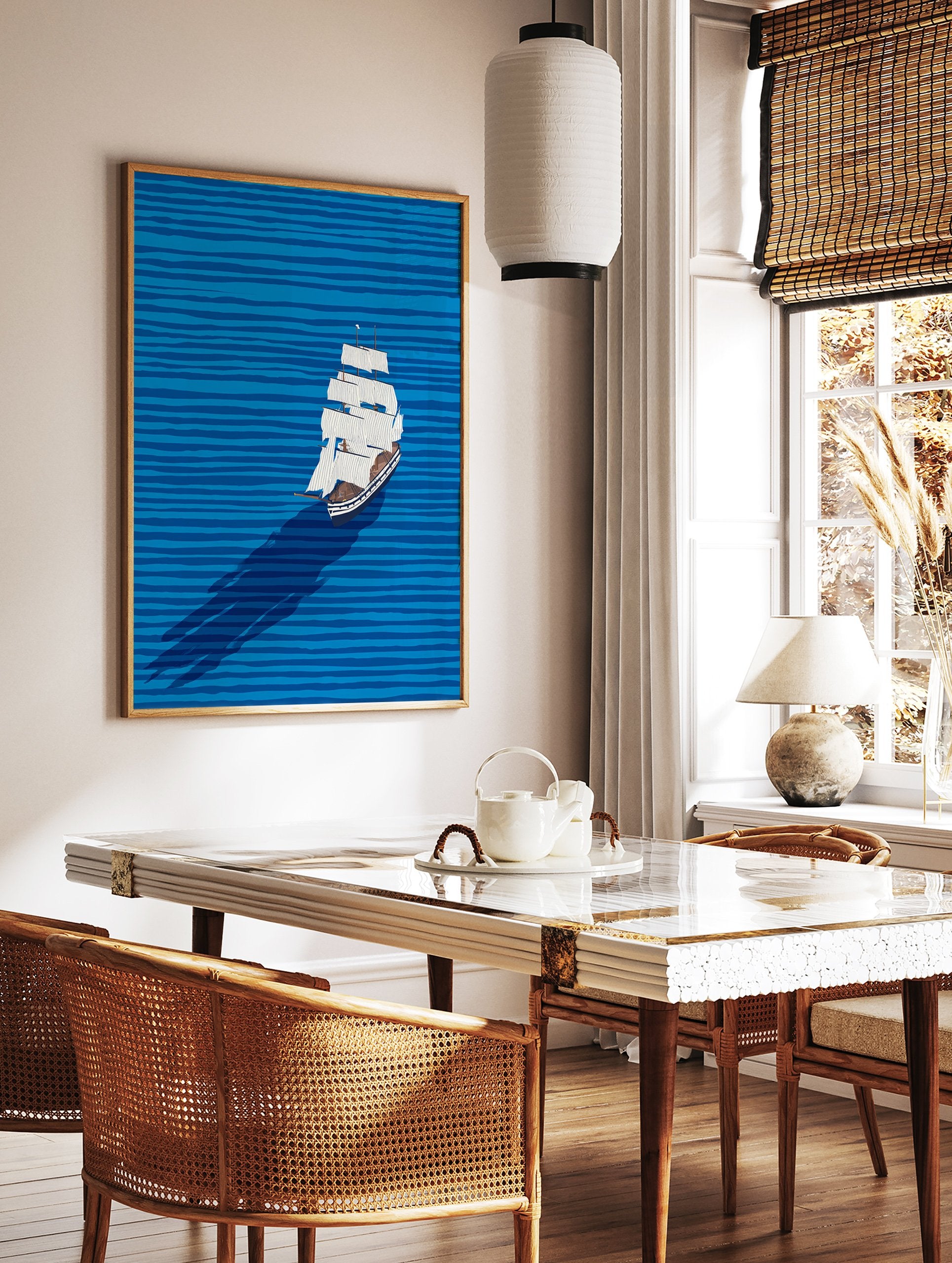 Illustrative sailboat wall art on a blue ocean with horizontal waves and a long shadow, featuring a white boat with brown accents. - Image 2