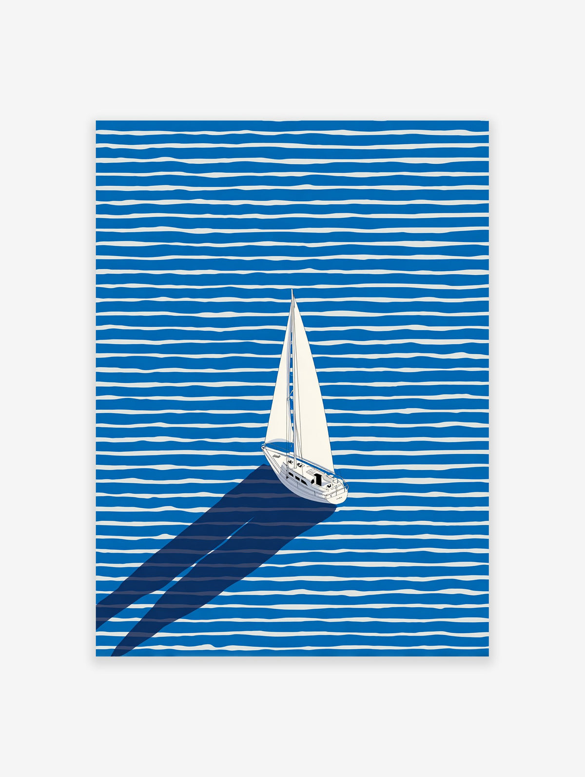 White sailboat with a long shadow sailing across a blue and white striped ocean in a modern illustration wall art.