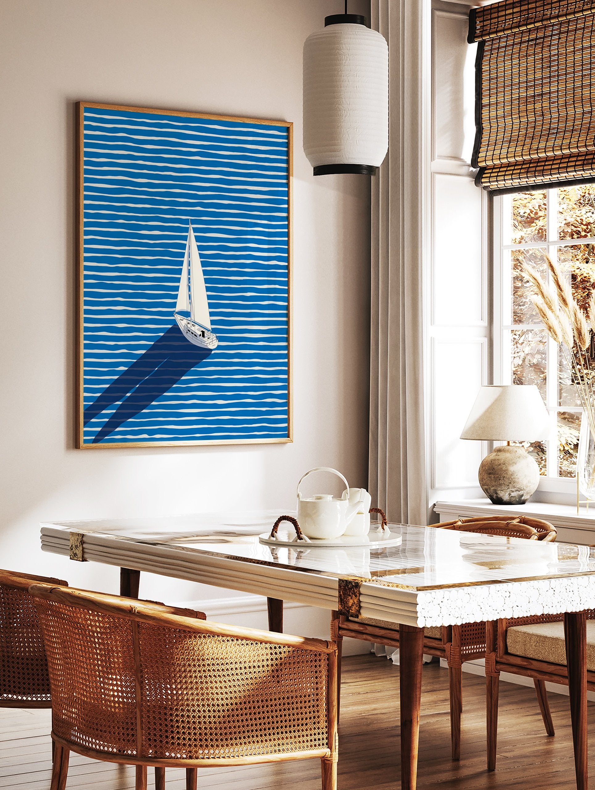 White sailboat with a long shadow sailing across a blue and white striped ocean in a modern illustration wall art. - Image 2