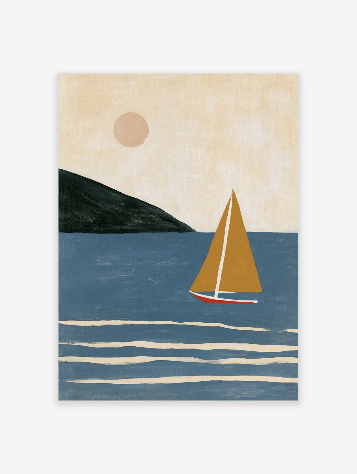 Minimalist sailboat wall art with gold sail and red hull on blue water, set against a soft beige sky and mountain silhouette