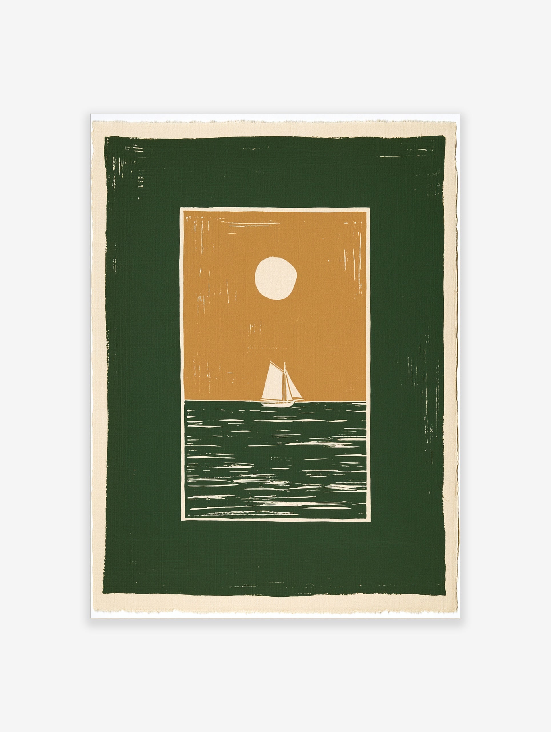 Minimalist sailboat wall art illustration with a green sea, tan sky, and white sun, in a graphic, modern style