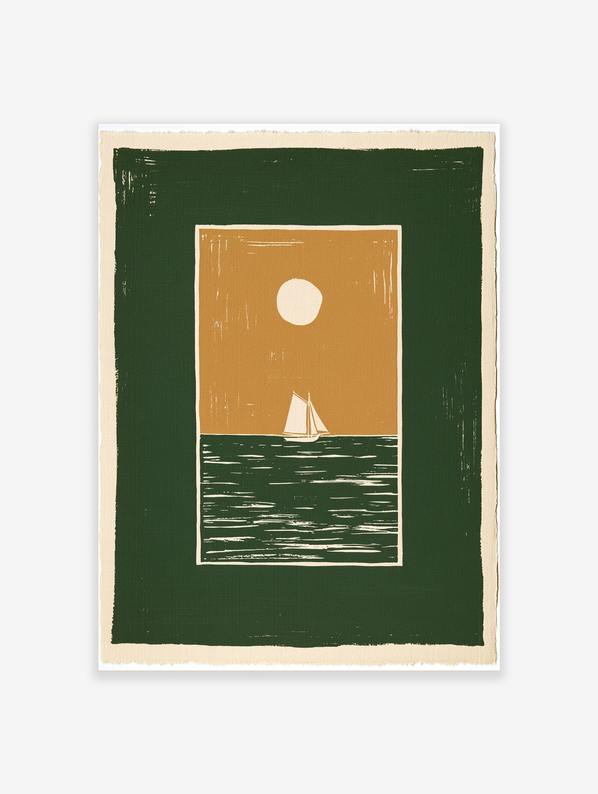 Minimalist sailboat wall art illustration with a green sea, tan sky, and white sun, in a graphic, modern style