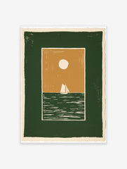 Minimalist sailboat wall art illustration with a green sea, tan sky, and white sun, in a graphic, modern style