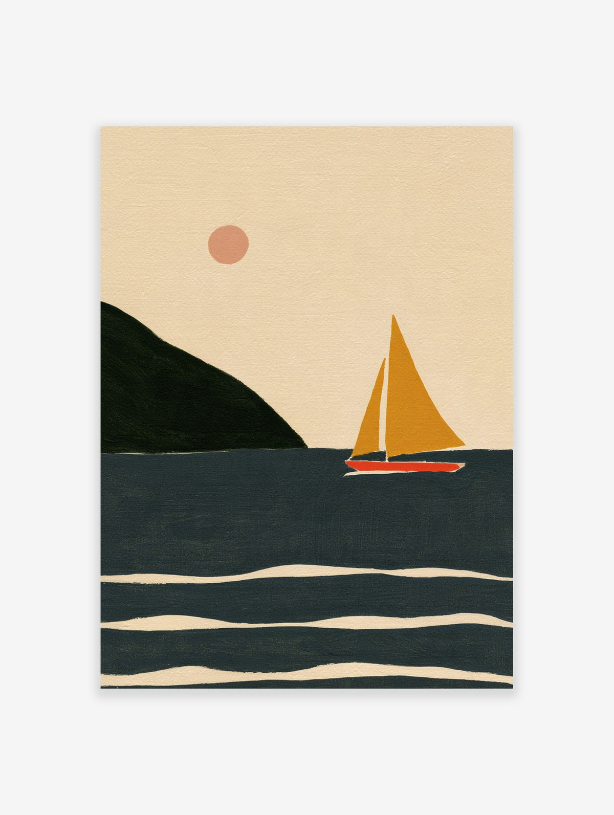 Minimalist sailboat wall art with yellow sail and red hull on dark sea against a beige background