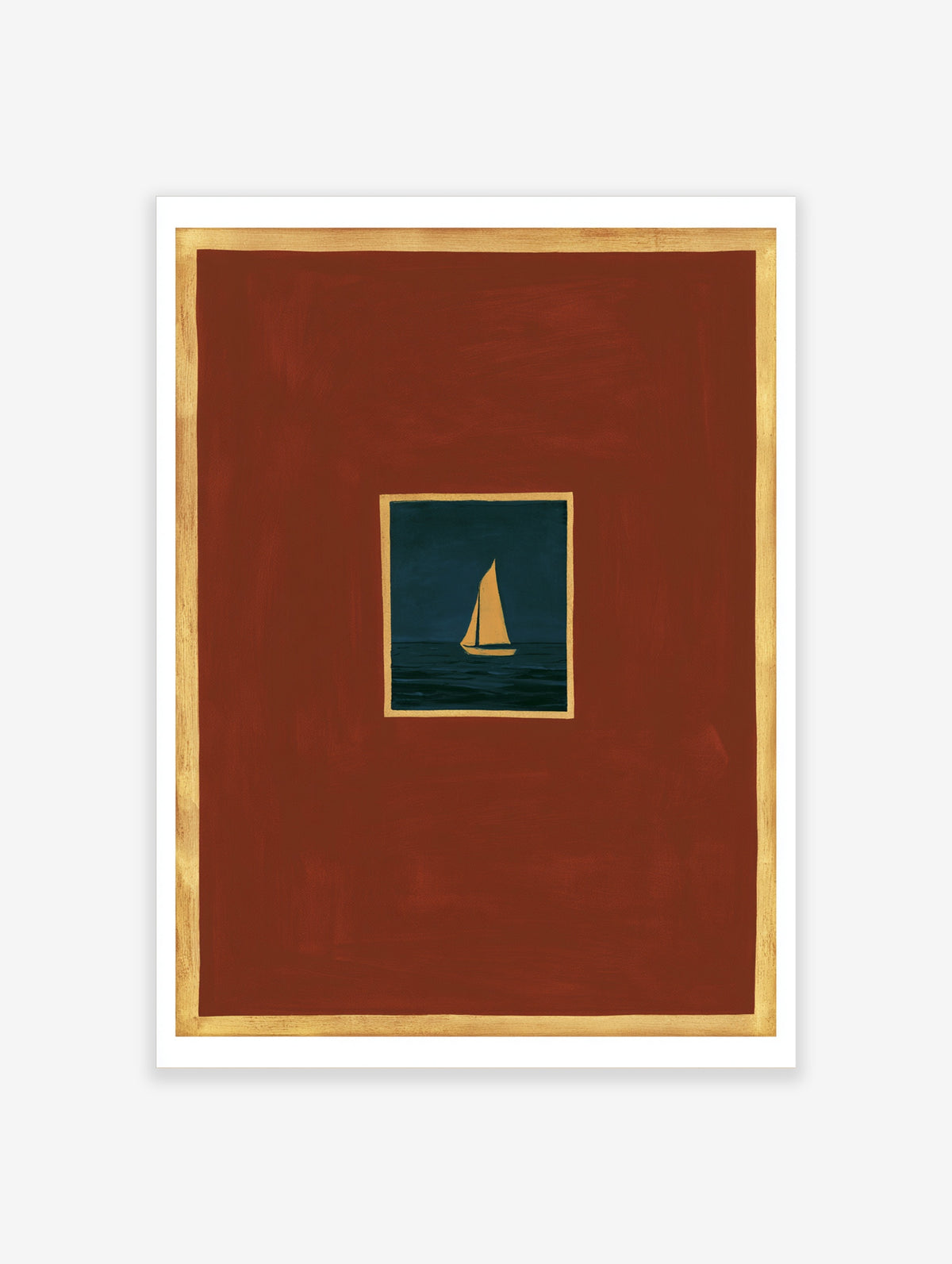 Minimalist sailboat wall art with a golden boat on a dark sea, red background, and gold borders