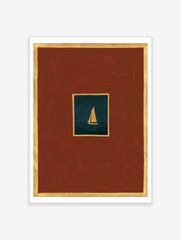 Minimalist sailboat wall art with a golden boat on a dark sea, red background, and gold borders