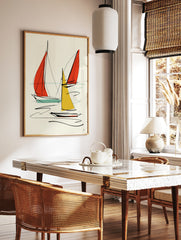 Minimalist sailboat wall art with red and yellow sails and black ink lines on a neutral background, in a styled room mockup