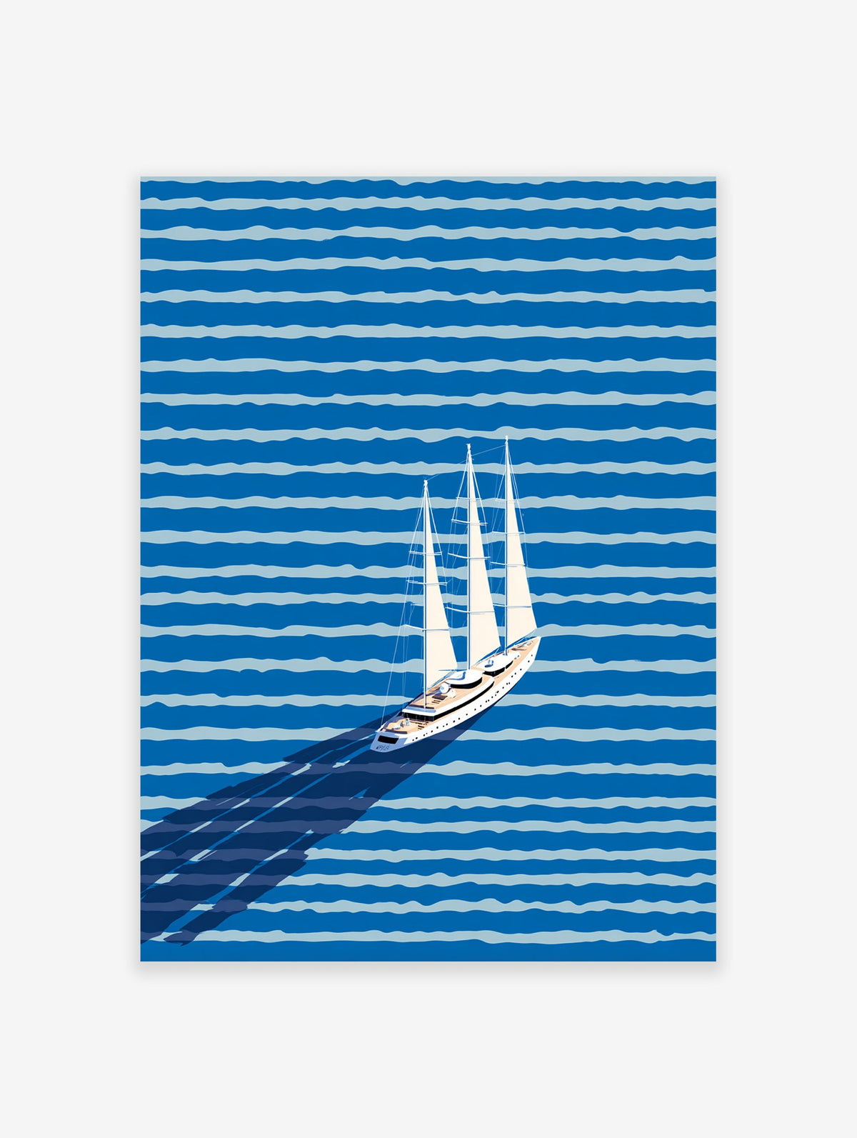 Modern sailboat wall art illustration with a white yacht on a blue striped ocean, casting a long shadow.