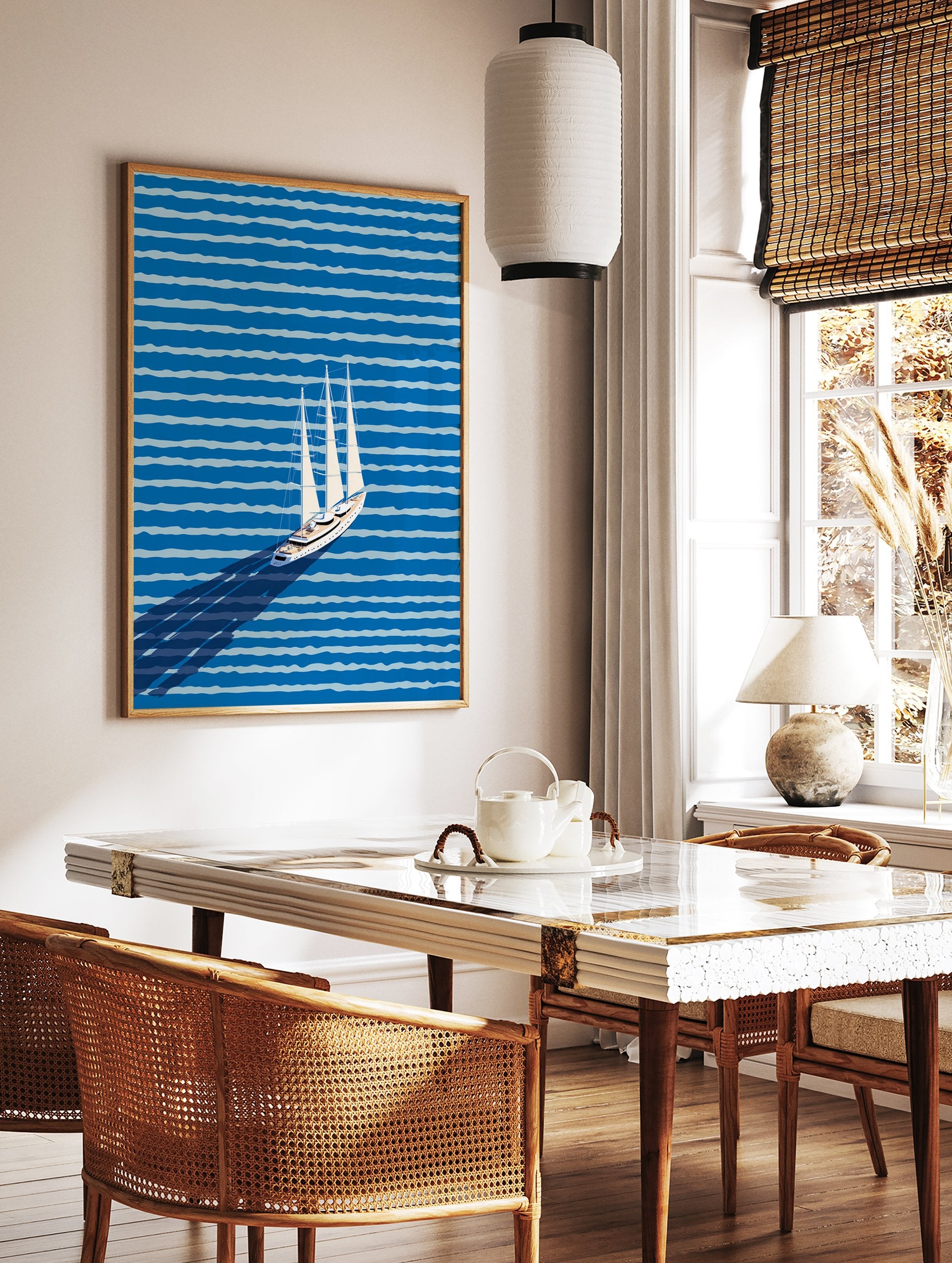 Modern sailboat wall art illustration with a white yacht on a blue striped ocean, casting a long shadow. - Image 2